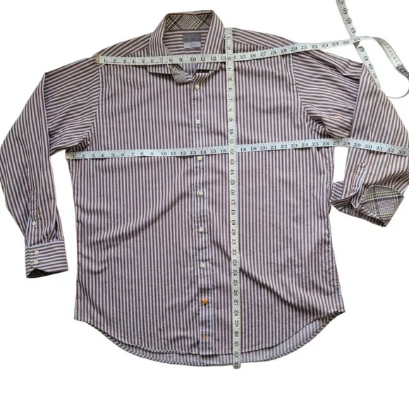 Men's Thomas Dean Blue Brown Striped Shirt XXL 100% Cotton Flip Cuff Casual - Picture 4 of 7
